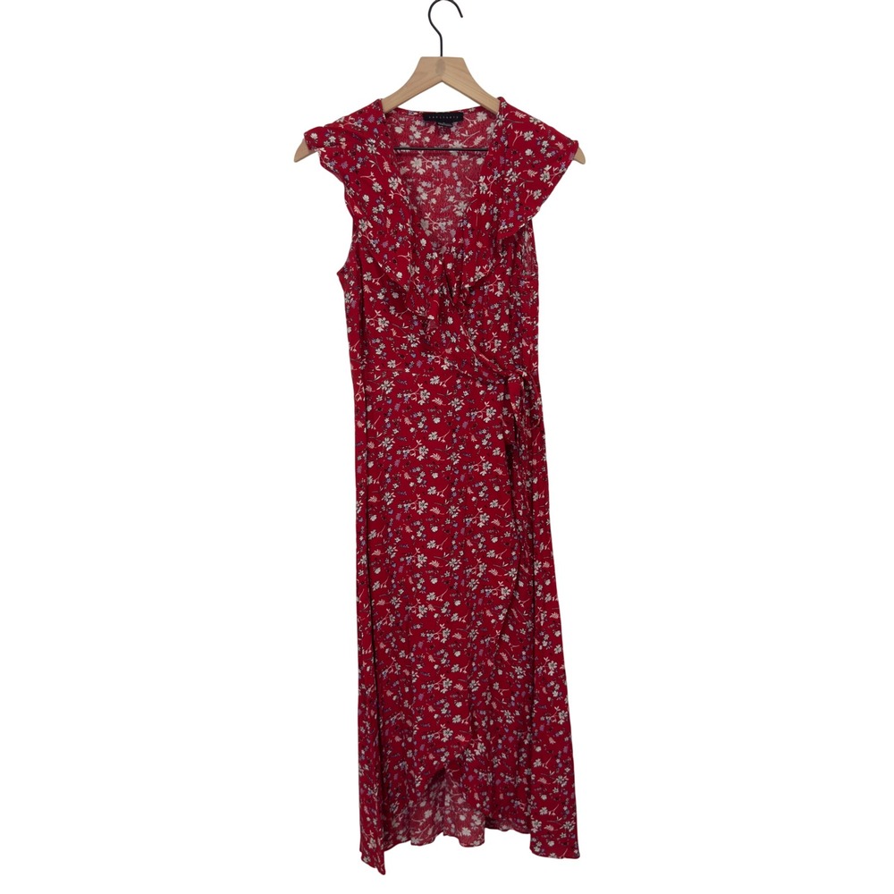 Sanctuary Red Floral Wrap Midi Dress Ruffle High-Low Rayon Dress Women's Size 2